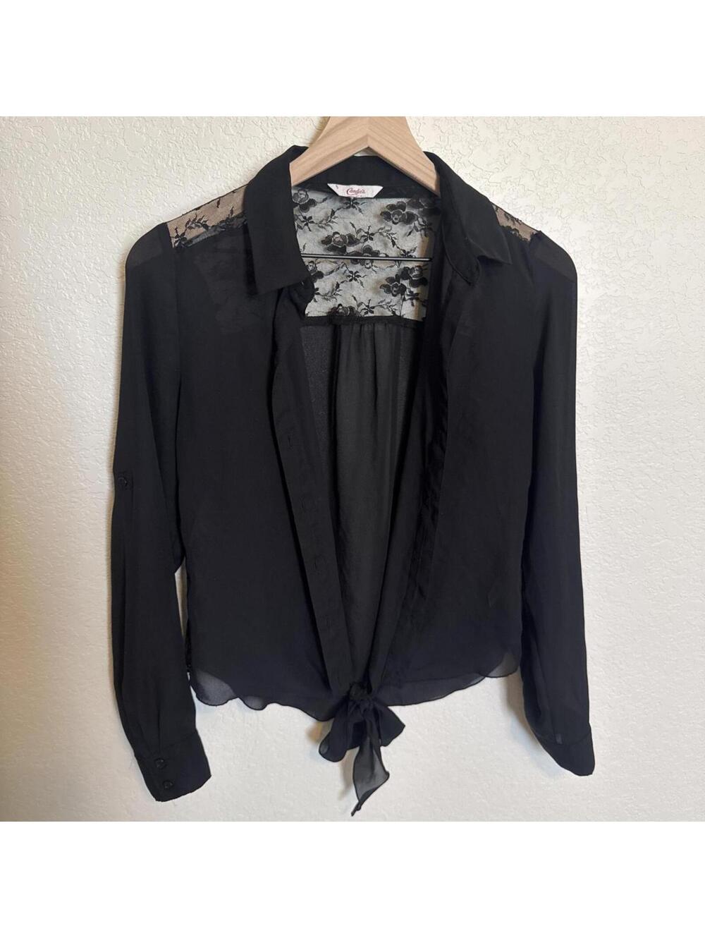 Sheer Lace Panel Corporate Goth Collared Long Sleeve Blouse, Small